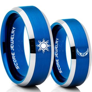 Sun and Moon Rings, Sun Ring, Moon Ring, 2 Piece Couple Tribal Sun and Moon Rings, Sun and Moon Wedding Bands, Tribal Sun and Moon Rings, Blue Tungsten Bands, Sun and Moon Wedding Bands