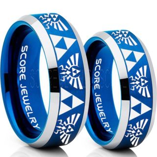 Zelda Ring, Gamer Ring, 2 Piece Couple Set Legend of Zelda Rings, Zelda Wedding Rings, Zelda Wedding Bands, Blue Tungsten Rings, Blue Wedding Bands
