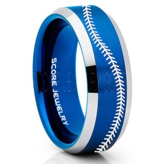Baseball Ring, Baseball Stitch Pattern Ring, Blue Tungsten Ring, Blue Ring, Blue Wedding Band, Blue Wedding Ring, Baseball Stitch Ring, Blue Wedding Band