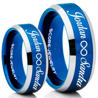Infinity Couple Rings, Matching Couple Wedding Rings Set, Couple Wedding Rings, CUSTOMIZE YOUR NAMES Wedding Bands, Always and Forever Jewelry, Blue Tungsten Wedding Ring, Blue Tungsten Rings