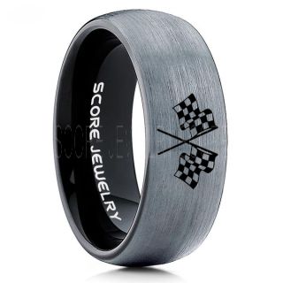 Racing Ring, Racing Flag Ring, Checkered Flag Ring, Chequered Flag Ring, Black Tungsten Ring, Auto Racing Ring, Black Wedding Band, Black Tungsten Ring