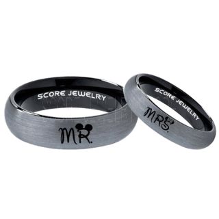 Mickey Mouse Ring, Minnie Mouse Ring, 2 Piece Couple Set Black Tungsten Bands, Mr & Mrs Rings, Tungsten Wedding Bands, Black Wedding Rings