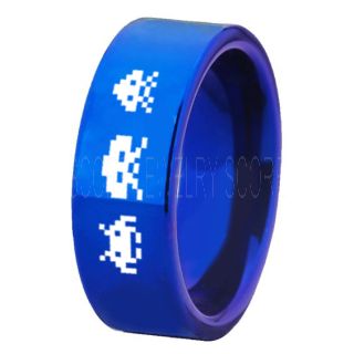 Player 1 Player 2 Rings, Retro Gamer Rings, Gamer Rings, Space Invaders Rings, Atari Rings, Nintendo Rings, Blue Tungsten Rings, Blue Wedding Bands
