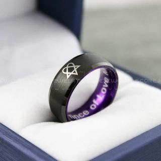 Heartagram Ring, Heartagram Wedding Ring, 8mm Black Tungsten Ring with Purple Interior, Black Wedding Ring, Heartagram Wedding Band ECG Ring