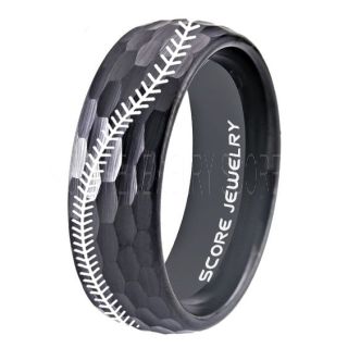 Baseball Ring, Baseball Stitch Pattern Ring, Black Hammered Tungsten Ring, Black Ring, Black Wedding Band, Black Wedding Ring, Baseball Stitch Ring, Black Tungsten Band