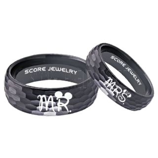 Mickey Mouse Ring, Minnie Mouse Ring, 2 Piece Couple Set Black Hammered Tungsten Bands, Mr & Mrs Rings, Tungsten Wedding Bands, Black Wedding Rings