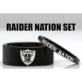 Couple Set 8mm and 2mm Black Tungsten Bands with Flat Edge NFL Football Oakland Raiders Logo and Raider Nation Rings