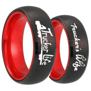 Truck Driver Ring, Trucker's Wife Ring, 2 Piece Couple Set Trucker Ring, Truck Life Ring, Trucker Life Ring, Black Tungsten Ring, Trucker Jewelry, Truck Driver Wedding Band, Black Tungsten Band, Black Wedding Ring