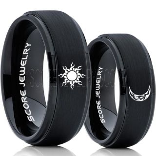 Sun and Moon Rings, Sun Ring, Moon Ring, 2 Piece Couple Tribal Sun and Moon Rings, Sun and Moon Wedding Bands, Tribal Sun and Moon Rings, Black Tungsten Bands, Sun and Moon Wedding Bands