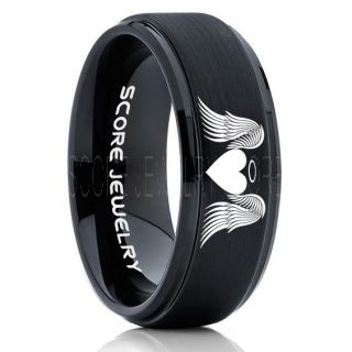 Angel Wings Ring, Halo Ring, Angel Ring, Angel Wings Jewelry, Angel Wings Wedding Ring, Black Tungsten Band, Black Wedding Ring, Angel Wedding Ring
