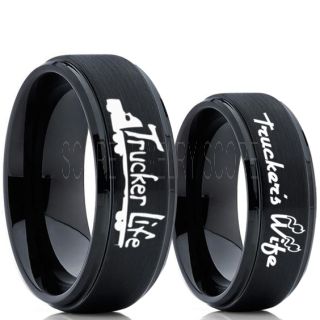 Truck Driver Ring, Trucker's Wife Ring, 2 Piece Couple Set Trucker Ring, Truck Life Ring, Trucker Life Ring, Black Tungsten Ring, Trucker Jewelry, Truck Driver Wedding Band, Black Tungsten Band, Black Wedding Ring