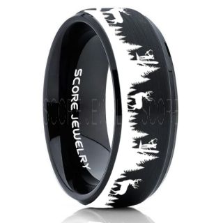 Deer Hunting Ring, Elk Hunting Ring, Deer Hunting Tungsten Ring, Crossbow Deer Hunting Ring, Crossbow Deer Ring, Elk in Forest Scene Ring, Deer Jewelry, Black Tungsten Wedding Band
