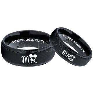 Mickey Mouse Ring, Minnie Mouse Ring, 2 Piece Couple Set Black Tungsten Bands, Mr & Mrs Rings, Tungsten Wedding Bands, Black Wedding Rings