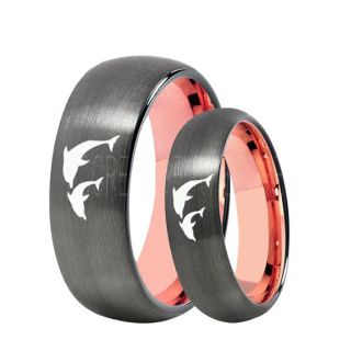 Dolphins Rings, 2 Piece Couple Set Dolphin Wedding Rings, Dolphin Wedding Bands, Bottlenose Dolphins Rings, Gunmetal Tungsten Rings, Gunmetal Wedding Bands, Ocean Life Wedding Bands