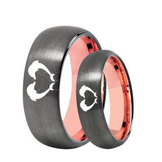 Dolphins Rings, 2 Piece Couple Set Dolphin Wedding Rings, Dolphin Wedding Bands, Bottlenose Dolphins Rings, Gunmetal Tungsten Rings, Gunmetal Wedding Bands, Ocean Life Wedding Bands