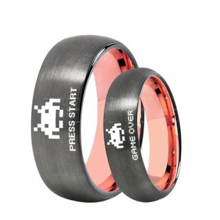 Player 1 Player 2 Rings, Retro Gamer Rings, Gamer Rings, Space Invaders Rings, Atari Rings, Nintendo Rings, Gunmetal Tungsten Rings, Gunmetal Wedding Bands, Couple Ring Set Gamer Rings