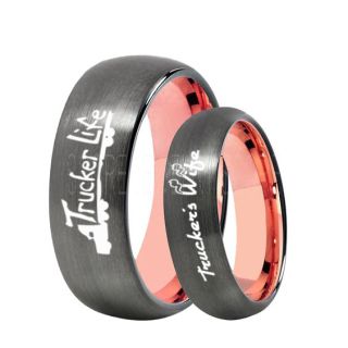 Truck Driver Ring, Trucker's Wife Ring, 2 Piece Couple Set Trucker Ring, Truck Life Ring, Trucker Life Ring, Gunmetal Tungsten Ring, Trucker Jewelry, Truck Driver Wedding Band, Gunmetal Tungsten Band, Gunmetal Wedding Ring