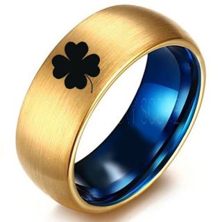 Clover Ring, Four Leaf Clover Ring, Shamrock Ring, Irish Ring, Saint Patrick Yellow Gold Tungsten Ring, Yellow Gold Clover Tungsten Band, Shamrock Tungsten Wedding Ring, Yellow Gold Wedding Ring