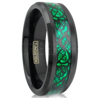 Green Ring, Green Tungsten Ring, Green Wedding Band, Black Tungsten Ring with Green Carbon Fiber Inlay Ring