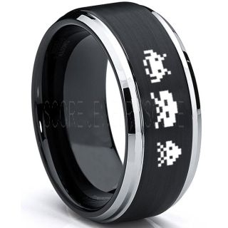 Player 1 Player 2 Rings, Retro Gamer Rings, Gamer Rings, Space Invaders Rings, Atari Rings, Nintendo Rings, Black Tungsten Rings, Black Wedding Bands