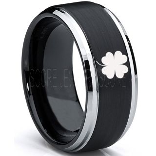Clover Ring, Four Leaf Clover Ring, Shamrock Ring, Irish Ring, Saint Patrick Black Tungsten Ring, Black Clover Tungsten Band, Shamrock Tungsten Wedding Ring, Black Wedding Ring