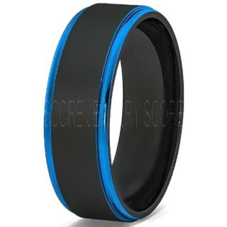 CUSTOM ENGRAVED Automaker Ring, Black Tungsten Ring with Blue Step Edge Polished Finish 8mm Tungsten Wedding Band Black Wedding Ring Black Tungsten Band