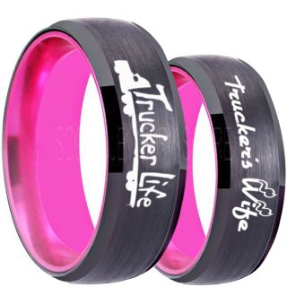 Truck Driver Ring, Trucker's Wife Ring, 2 Piece Couple Set Trucker Ring, Truck Life Ring, Trucker Life Ring, Black Tungsten Ring, Trucker Jewelry, Truck Driver Wedding Band, Black Tungsten Band, Black Wedding Ring