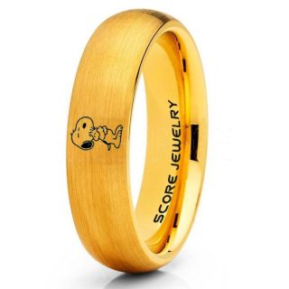 Snoopy Ring, Snoopy Wedding Ring, Snoopy Wedding Band, 14K Yellow Gold Tungsten Ring, Yellow Gold Ring, Yellow Gold Wedding Band, Yellow Gold Wedding Ring