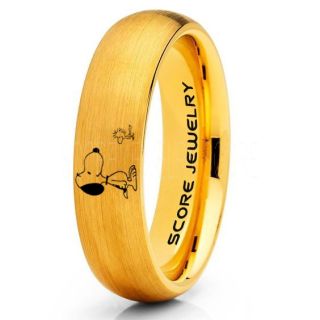 Snoopy Ring, Snoopy Wedding Ring, Snoopy Wedding Band, 14K Yellow Gold Tungsten Ring, Yellow Gold Ring, Yellow Gold Wedding Band, Yellow Gold Wedding Ring