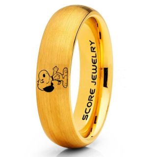 Snoopy Ring, Snoopy Wedding Ring, Snoopy Wedding Band, 14K Yellow Gold Tungsten Ring, Yellow Gold Ring, Yellow Gold Wedding Band, Yellow Gold Wedding Ring