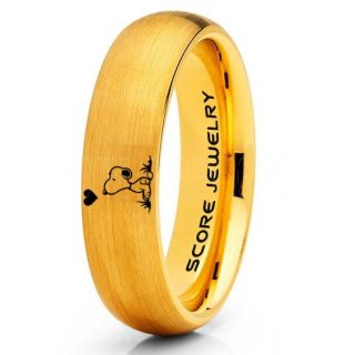 Snoopy Ring, Snoopy Wedding Ring, Snoopy Wedding Band, 14K Yellow Gold Tungsten Ring, Yellow Gold Ring, Yellow Gold Wedding Band, Yellow Gold Wedding Ring