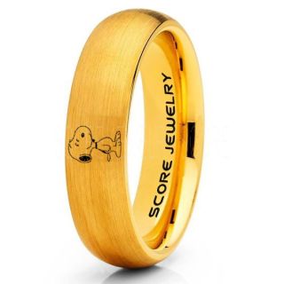 Snoopy Ring, Snoopy Wedding Ring, Snoopy Wedding Band, 14K Yellow Gold Tungsten Ring, Yellow Gold Ring, Yellow Gold Wedding Band, Yellow Gold Wedding Ring