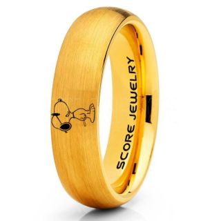 Snoopy Ring, Snoopy Wedding Ring, Snoopy Wedding Band, 14K Yellow Gold Tungsten Ring, Yellow Gold Ring, Yellow Gold Wedding Band, Yellow Gold Wedding Ring