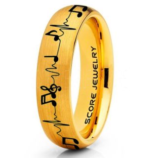 Music Ring, Music Heartbeat Ring, Music Sheet Ring, Music Jewelry, Piano Ring, 14K Yellow Gold Tungsten Ring, Yellow Gold Ring, Yellow Gold Wedding Band, Treble Clef Note Ring, Music Notes Ring