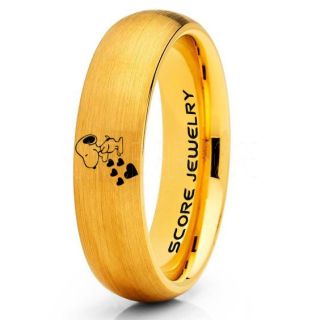 Snoopy Ring, Snoopy Wedding Ring, Snoopy Wedding Band, 14K Yellow Gold Tungsten Ring, Yellow Gold Ring, Yellow Gold Wedding Band, Yellow Gold Wedding Ring