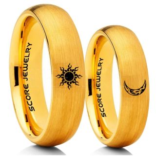 Sun and Moon Rings, Sun Ring, Moon Ring, 2 Piece Couple Tribal Sun and Moon Rings, Sun and Moon Wedding Bands, Tribal Sun and Moon Rings, 14K Yellow Gold Tungsten Bands, Sun and Moon Wedding Bands