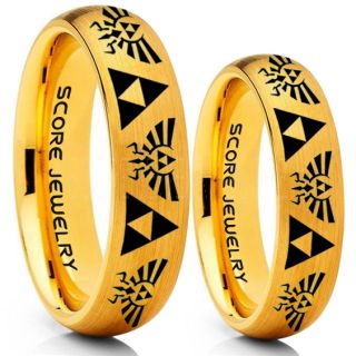 Zelda Ring, Gamer Ring, 2 Piece Couple Set Legend of Zelda Rings, Zelda Wedding Rings, Zelda Wedding Bands, 14K Yellow Gold Tungsten Rings, Yellow Gold Wedding Bands