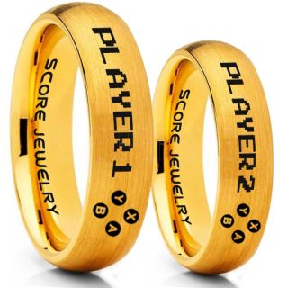 Gamer Rings, Couple Ring Set, Player 1 Player 2 Rings, Controller Rings, 14K Yellow Gold Gamer Wedding Rings, Yellow Gold Tungsten Gamer Wedding Bands, Yellow Gold Tungsten Rings, Yellow Gold Wedding Bands, Gamer Jewelry