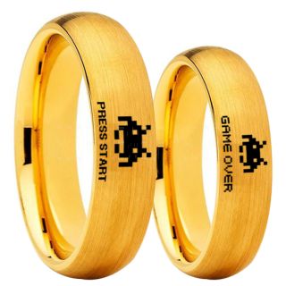 Player 1 Player 2 Rings, Retro Gamer Rings, Gamer Rings, Space Invaders Rings, Atari Rings, Nintendo Rings, 14K Yellow Gold Tungsten Rings, Yellow Gold Wedding Bands, Couple Ring Set Gamer Rings