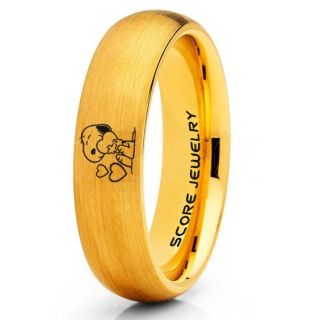 Snoopy Ring, Snoopy Wedding Ring, Snoopy Wedding Band, 14K Yellow Gold Tungsten Ring, Yellow Gold Ring, Yellow Gold Wedding Band, Yellow Gold Wedding Ring