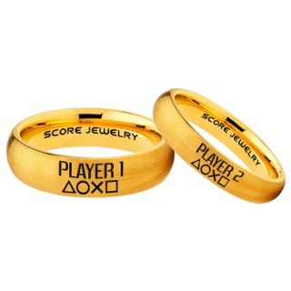 Player 1 Player 2 Rings, Gamer Rings, Yellow Gold Tungsten Rings, 14K Yellow Gold Wedding Bands, Couple Ring Set Gamer Rings, Yellow Gold Tungsten Bands