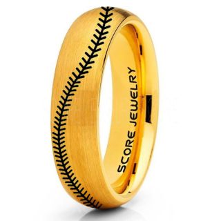 Baseball Ring, Baseball Stitch Pattern Ring, 14K Yellow Gold Tungsten Ring, Yellow Gold Ring, Yellow Gold Wedding Band, Yellow Gold Wedding Ring, Baseball Stitch Ring, Yellow Gold Wedding Band