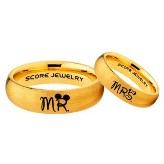 Mickey Mouse Ring, Minnie Mouse Ring, 2 Piece Couple Set 14K Yellow Gold Tungsten Bands, Mr & Mrs Rings, Tungsten Wedding Bands, Yellow Gold Wedding Rings