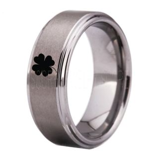Clover Ring, Shamrock Ring, Irish Ring, Saint Patrick Silver Tungsten Ring, Silver Clover Tungsten Band, Shamrock Tungsten Wedding Ring, Silver Wedding Ring