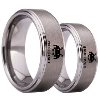 Player 1 Player 2 Rings, Retro Gamer Rings, Gamer Rings, Space Invaders Rings, Atari Rings, Nintendo Rings, Silver Tungsten Rings, Silver Wedding Bands, Couple Ring Set Gamer Rings