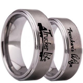 Truck Driver Ring, Trucker's Wife Ring, 2 Piece Couple Set Trucker Ring, Truck Life Ring, Trucker Life Ring, Silver Tungsten Ring, Trucker Jewelry, Truck Driver Wedding Band, Silver Tungsten Band, Silver Wedding Ring