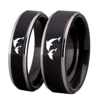 Dolphins Rings, 2 Piece Couple Set Dolphin Wedding Rings, Dolphin Wedding Bands, Bottlenose Dolphins Rings, Black Tungsten Rings, Black Wedding Bands, Ocean Life Wedding Bands