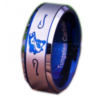 Fishing Ring, Fish Hook Ring, Bass Ring, Bass Fishing Ring, Blue Ring, Blue Tungsten Ring, Blue Wedding Band, Hunting Ring, Fish Hooks Wedding Band