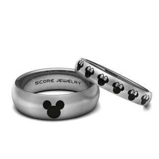 Mickey Mouse Rings Minnie Mouse Ring Couple Set 8mm & 4mm Silver Tungsten Rings