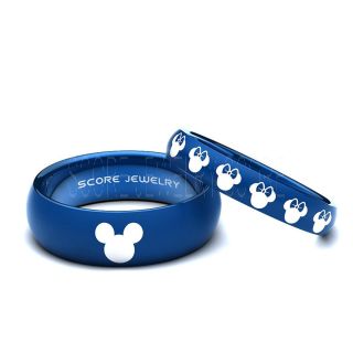 Mickey Mouse Rings Minnie Mouse Ring Couple Set 8mm & 4mm Blue Tungsten Rings